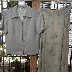 Vintage Talbots Petites Light Green Floral Two Piece Silk Skirt Set Size 8P
